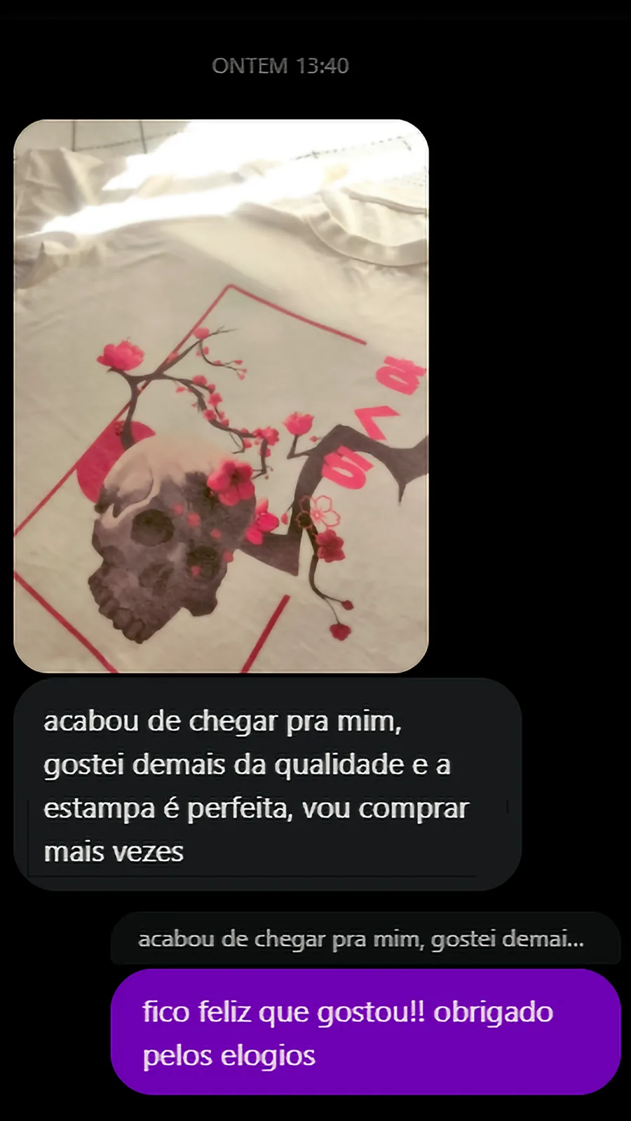 Avaliação de cliente: Qualidade e estampa perfeitas